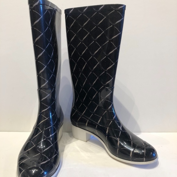 CHANEL Shoes - CHANEL Black White Rubber Quilted Rain Boots 36